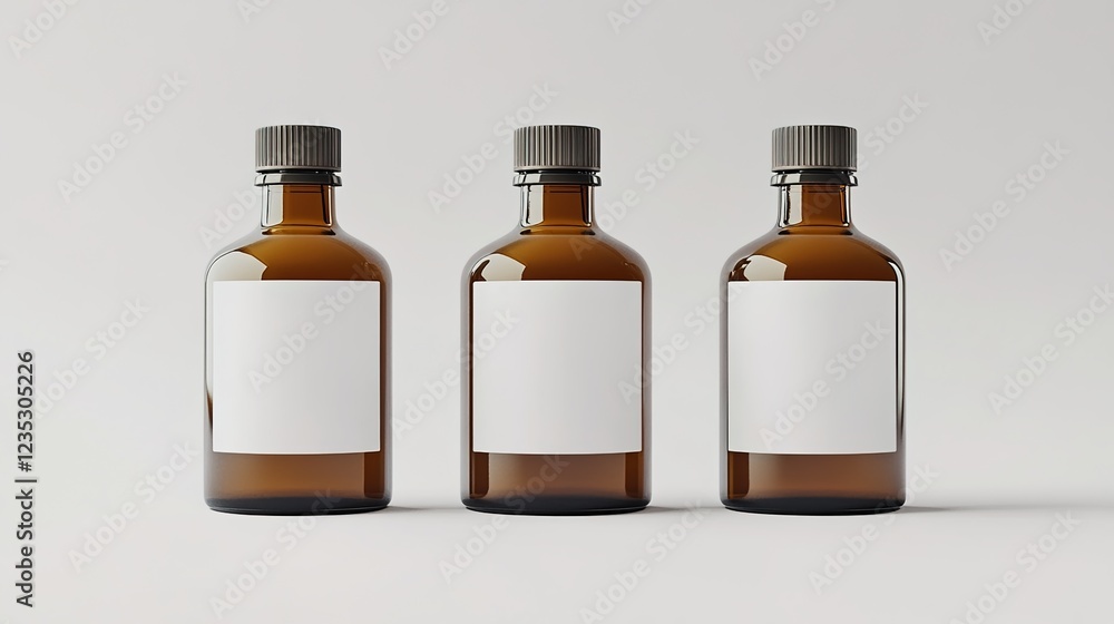 Photo of three brown glass bottles with white blank labels on the front, on a light gray background. Photo of three brown glass bottles with white blank labels on the front, on a light gray background.