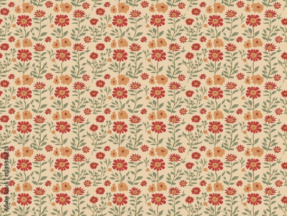 Floral Pattern Design: A charming repeating pattern featuring stylized red and orange flowers with green stems on a creamy beige background. Perfect for fabric, wallpaper, or surface design projects. Floral Pattern Design: A charming repeating pattern featuring stylized red and orange flowers with green stems on a creamy beige background. Perfect for fabric, wallpaper, or surface design projects.