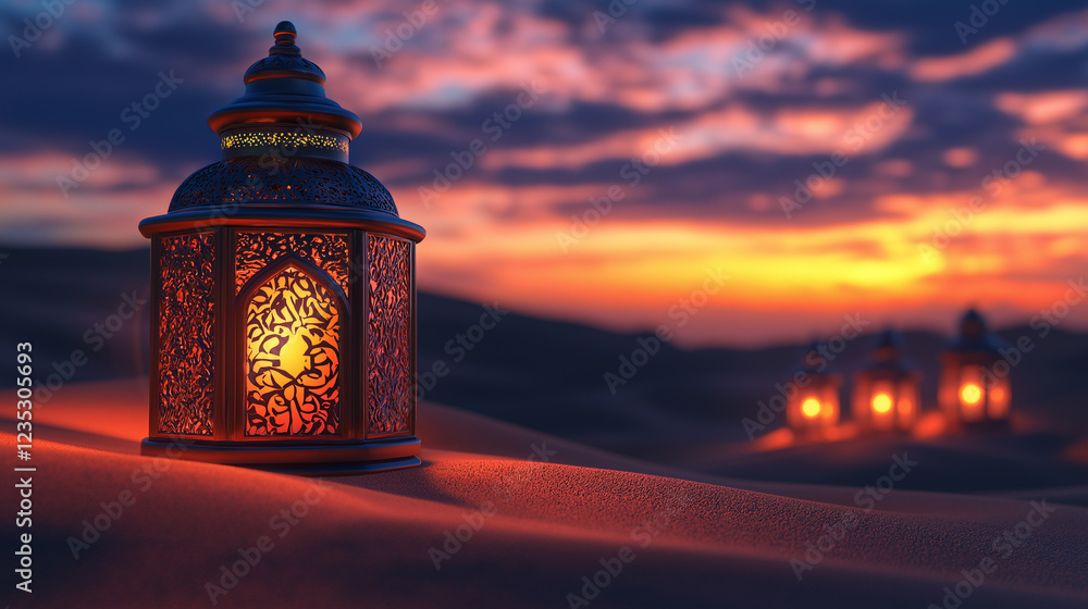Single Ramadan lantern glowing on desert dunes at sunset, symbolizing faith, devotion, and the peaceful ambiance of the sacred holy month of fasting and prayers. Single Ramadan lantern glowing on desert dunes at sunset, symbolizing faith, devotion, and the peaceful ambiance of the sacred holy month of fasting and prayers.