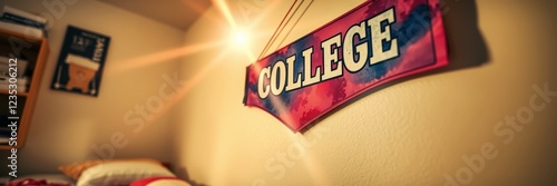 College sign with a bright and welcoming mood against a cozy room background photo