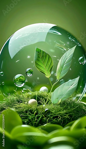 Close-up detail tanaman hijau yang tumbuh subur di dalam bola kaca. Tetesan air yang berkilauan menambah kesan segar dan alami.pada tekstur daun dan elemen dekoratif lainnya menonjolkan keindahan