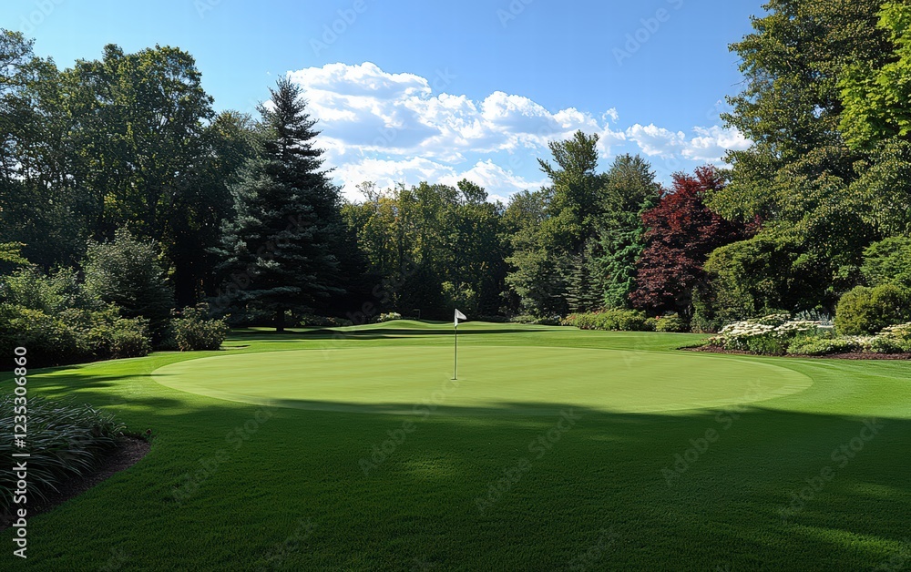 Obraz premium Serene golf course putting green, bathed in sunlight, surrounded by lush greenery under a vibrant blue sky.