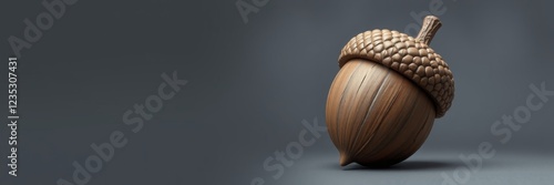 Wooden acorn sculpture with a rustic feel representing nature against a dark background