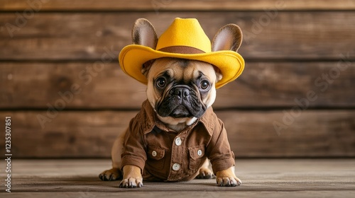 A French Bulldog in a funny full-body cowboy get-up complete with fake arms, ideal for Carnival or Halloween festivities.