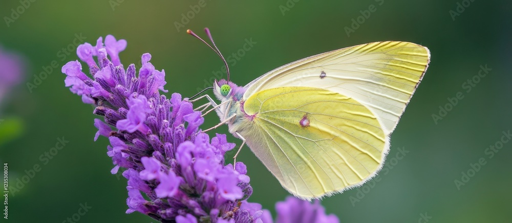 Naklejka premium Pale Yellow Butterfly on Lavender - Close-Up Macro