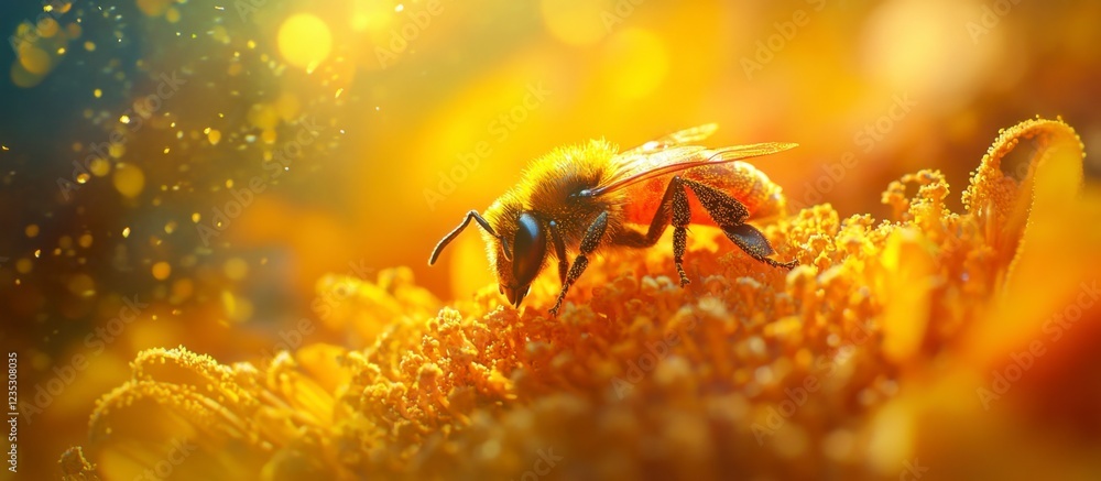 Honeybee Gathering Pollen on Sunflower in Golden Sunlight Honeybee Gathering Pollen on Sunflower in Golden Sunlight