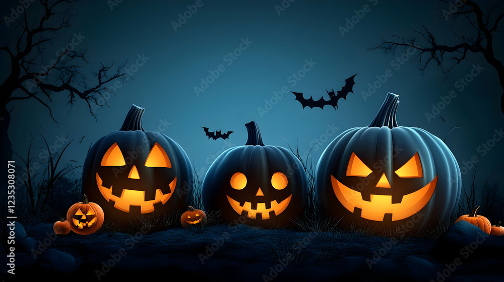 3D Illustration, Halloween Night Pumpkins, Bats, and Spooky Trees 3D Illustration, Halloween Night Pumpkins, Bats, and Spooky Trees