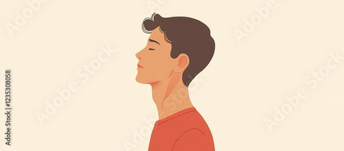 Calm Young Man Profile, Peaceful Beige Background, Minimalist Illustration