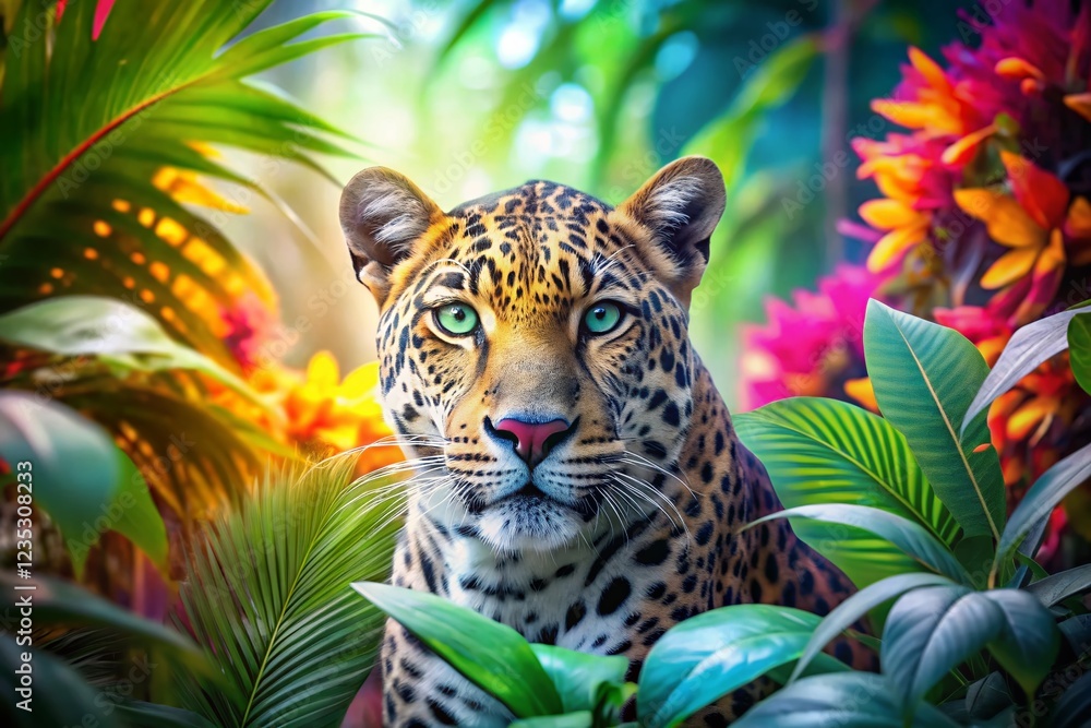 Fototapeta premium Long Exposure Wildlife Coloring Page: Leopard & Tropical Plants