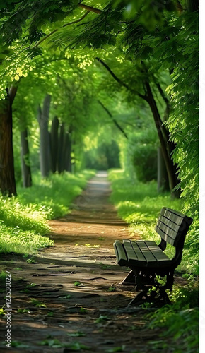 Jalan setapak yang tenang di taman yang rindang dengan pepohonan hijau yang menyejukkan. Bangku taman yang kosong mengundang untuk duduk dan menikmati suasana alam yang damai. 