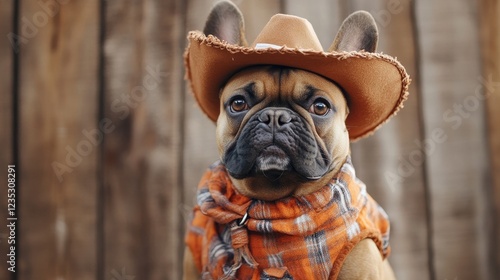A comical French Bulldog in a cowboy get-up, featuring a hat, scarf, and fake arms, perfect for adding fun to Carnival or Halloween events.