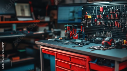 Organized Workshop Tools Arranged On A Workbench photo