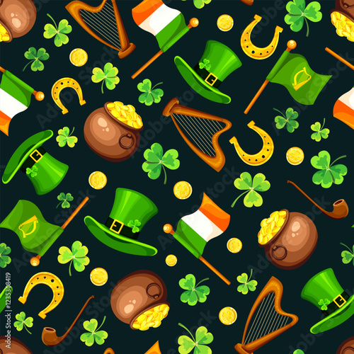 St. Patrick’s Day seamless pattern with green shamrock leaves, leprechaun hats, pots, gold coins, Irish flags, harps, and horseshoes on a black background. Vector season print