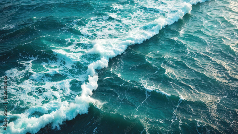Obraz premium aerial view of the ocean waves crashing onto the shore. The water is a deep blue-green color and the waves are white and foamy.