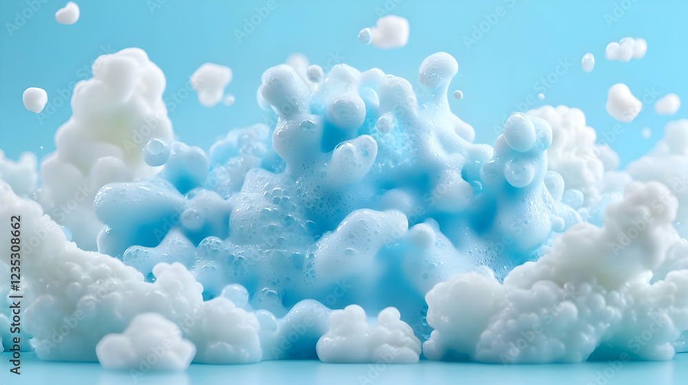 Blue and white foam explosion against light blue background; abstract cleaning product image Blue and white foam explosion against light blue background; abstract cleaning product image