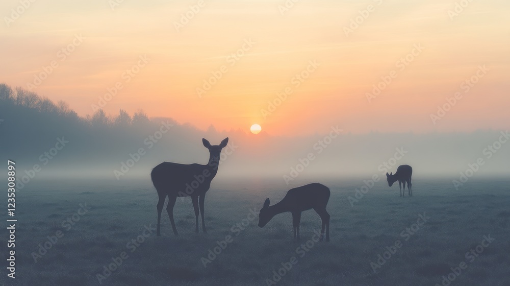 Deer Silhouettes at Sunrise Over Misty Field Deer Silhouettes at Sunrise Over Misty Field