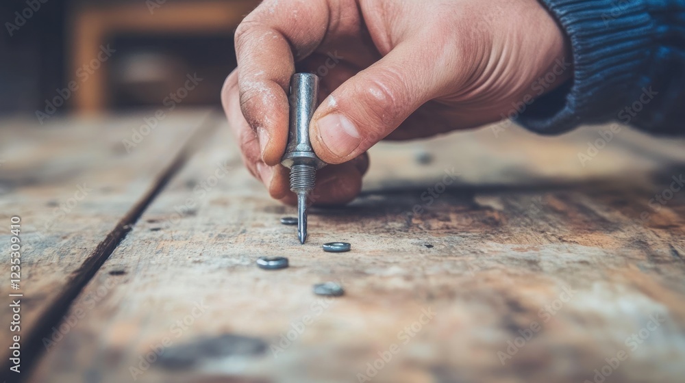 A hand uses a tool to insert screws into wood A hand uses a tool to insert screws into wood