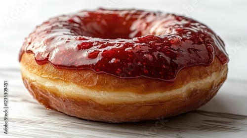 Close-up of a glazed jelly donut on a marble surface, showcasing its shiny red topping