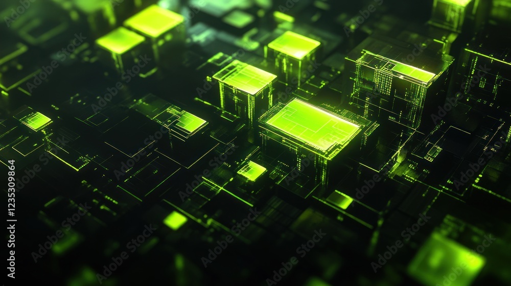 Abstract Green Digital Cubes Illuminate Circuit Board Abstract Green Digital Cubes Illuminate Circuit Board