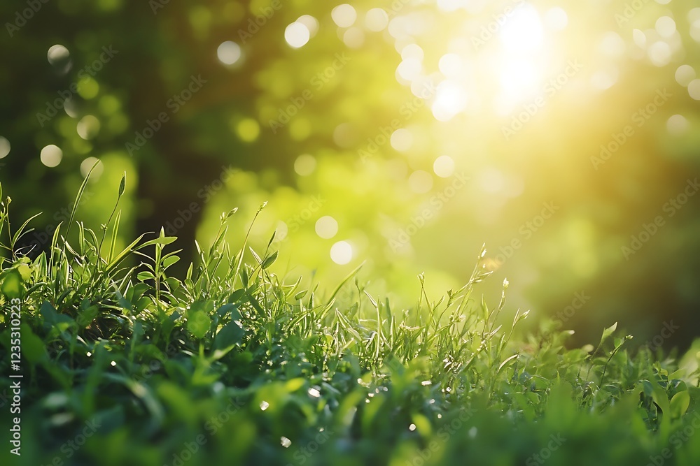 Obraz premium A serene view of grass illuminated by sunlight, creating a peaceful natural atmosphere.