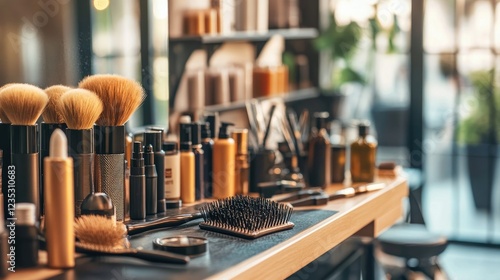 Barbershop grooming tools and products neatly arranged on a counter photo