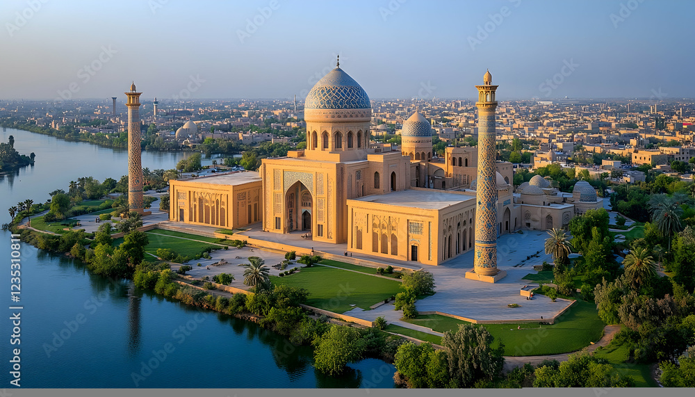 Fototapeta premium Photo: Majestic Mosque by the River - Aerial Sunrise View