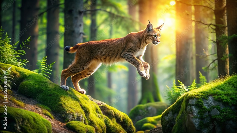 Lynx Leaping Between Rocks in Lush Forest - Wildlife Action Shot Lynx Leaping Between Rocks in Lush Forest - Wildlife Action Shot