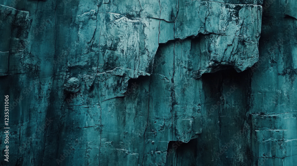 Obraz premium A close-up of a weathered stone texture, layered sedimentary formations with a rich cyan hue, fine details in the crevices