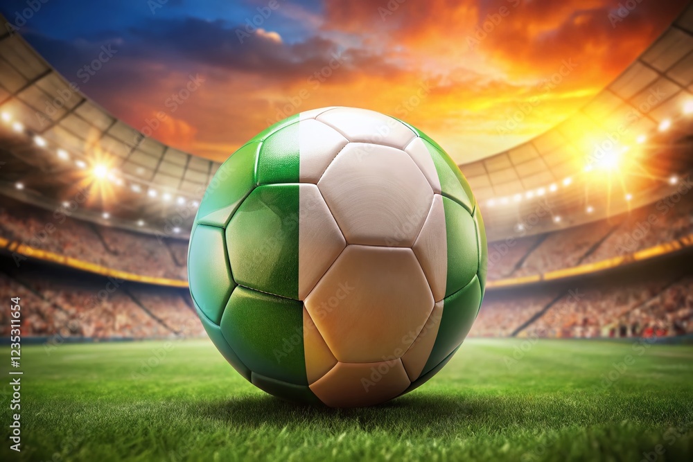 Fototapeta premium Macro Irish Soccer Ball: Vibrant Flag Colors, Blurred Stadium Background - 3D Render