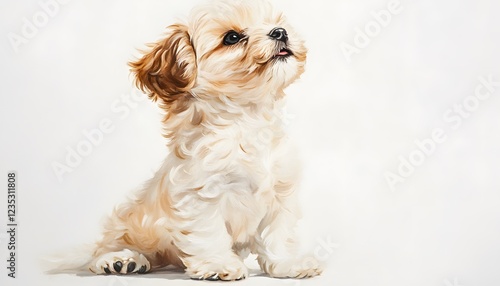 Adorable Fluffy Puppy Sitting and Looking Up