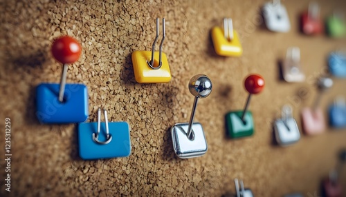 Colorful pins and hooks on a corkboard background