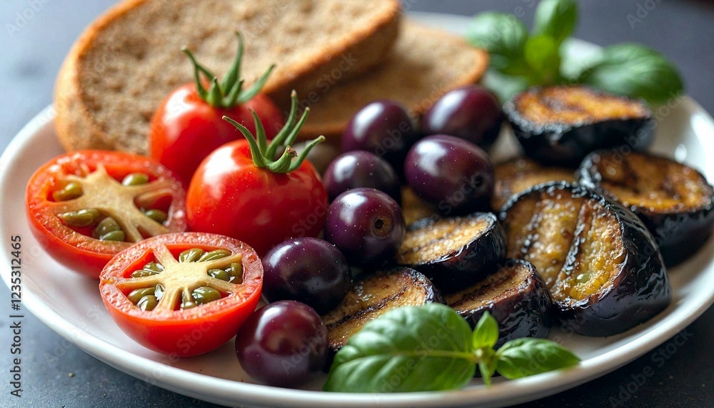 Plate with Tomatoes, Eggplant, Olives, and Bread on Dark Surface Plate with Tomatoes, Eggplant, Olives, and Bread on Dark Surface