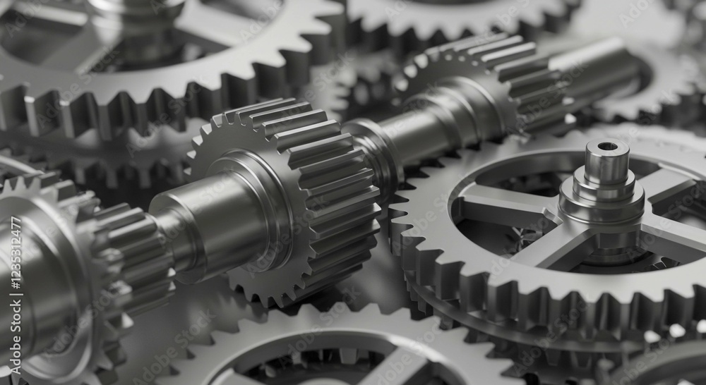 Precision Metal Gears Interlocking Industrial Machine Cogwheels Close Up Precision Metal Gears Interlocking Industrial Machine Cogwheels Close Up