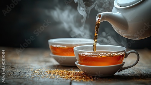 Steaming tea being poured from a teapot into cups, with scattered grains on a rustic table