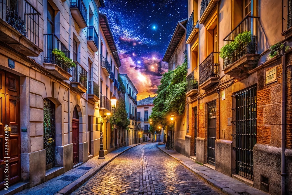 Madrid Night Panoramic: Old Town Charm, Historic Spanish Street Scene Madrid Night Panoramic: Old Town Charm, Historic Spanish Street Scene
