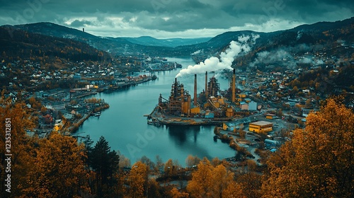 Autumnal Industrial Vista: A Fjordside Factory's Smoky Embrace photo