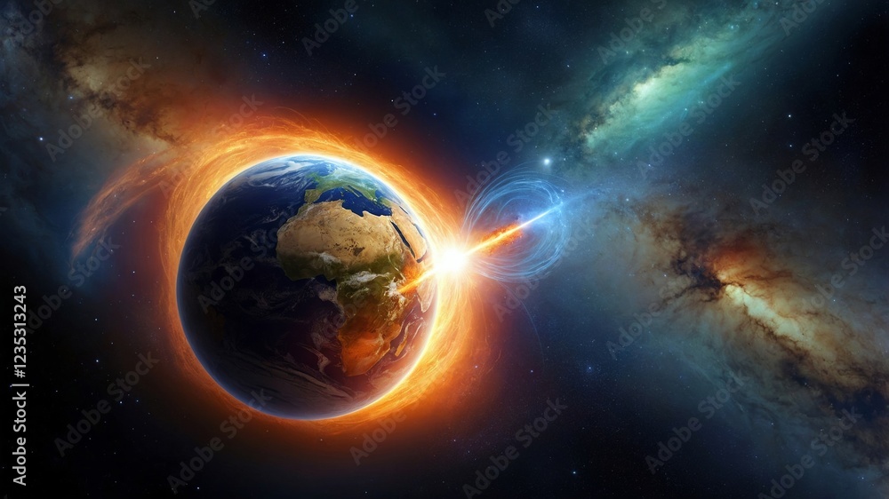 Fototapeta premium Dramatic space scene with earth and meteor