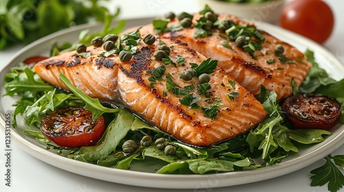 Grilled salmon fillets served on a bed of fresh greens with capers and roasted tomatoes