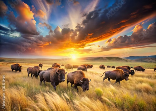 Wallpaper Mural Majestic Bison Roaming Free on the Vast Prairie at Sunset - Long Exposure Photography Torontodigital.ca