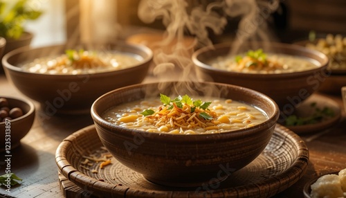 Inviting Malaysian Iftar: Bubur Lambuk with Fried Shallots & Fresh Cilantro in Ceramic Bowls photo