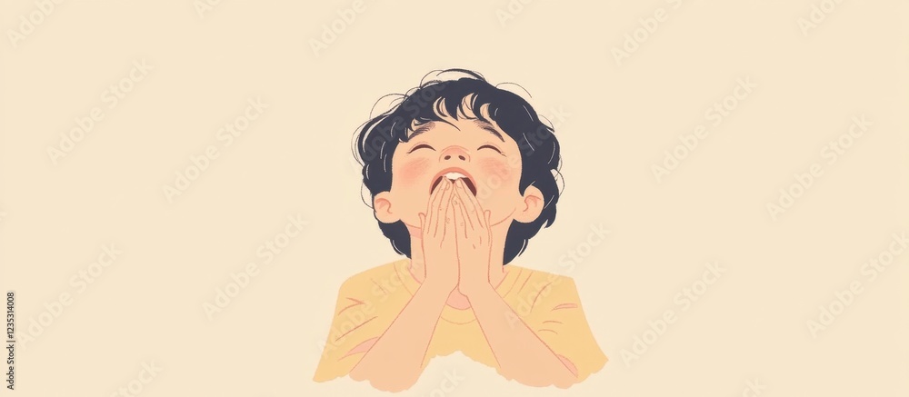 Joyful Boy Hands Clasped, Beige Background, Minimalist Child Portrait Joyful Boy Hands Clasped, Beige Background, Minimalist Child Portrait