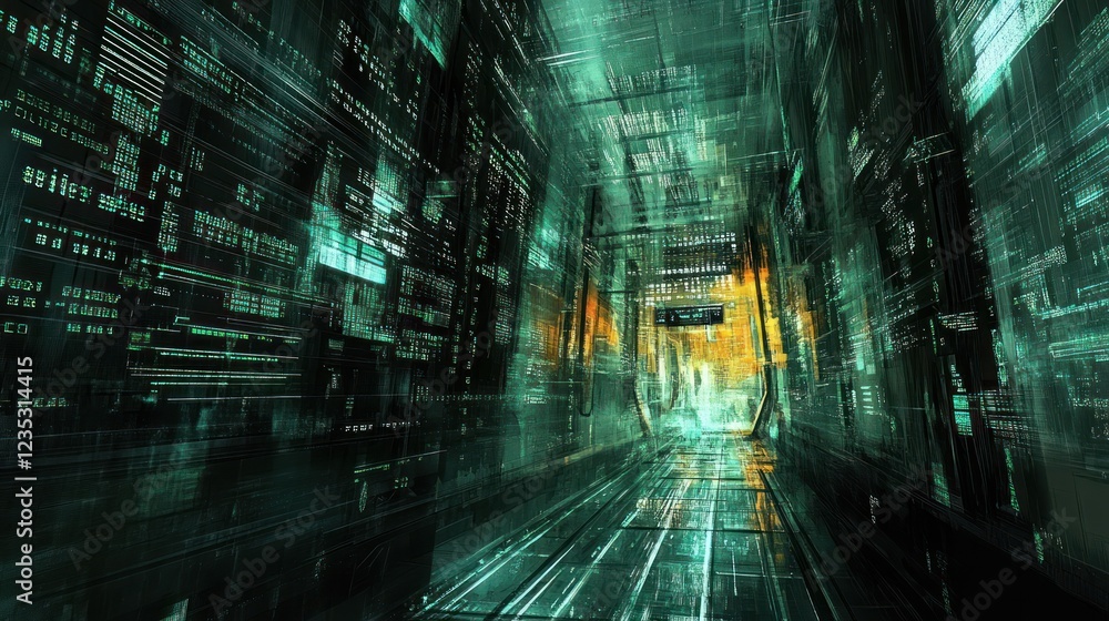 Obraz premium Futuristic Digital Corridor Glowing Green Data Streams