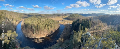 Meander of the river Vltava. Wander around the river. Dívčí kamen castle on the top of the rock next to the river. photo