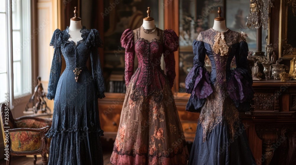 Naklejka premium Three Elegant Victorian Era Gowns on Display in an Antique Setting