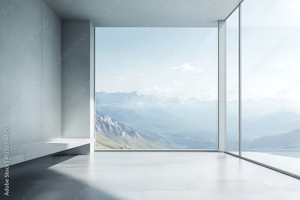 Obraz premium A minimalist room with a panoramic view of mountains and a clear sky.
