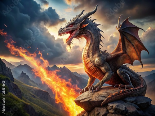 Majestic Fire-Breathing Dragon Perched on Rocky Ledge photo