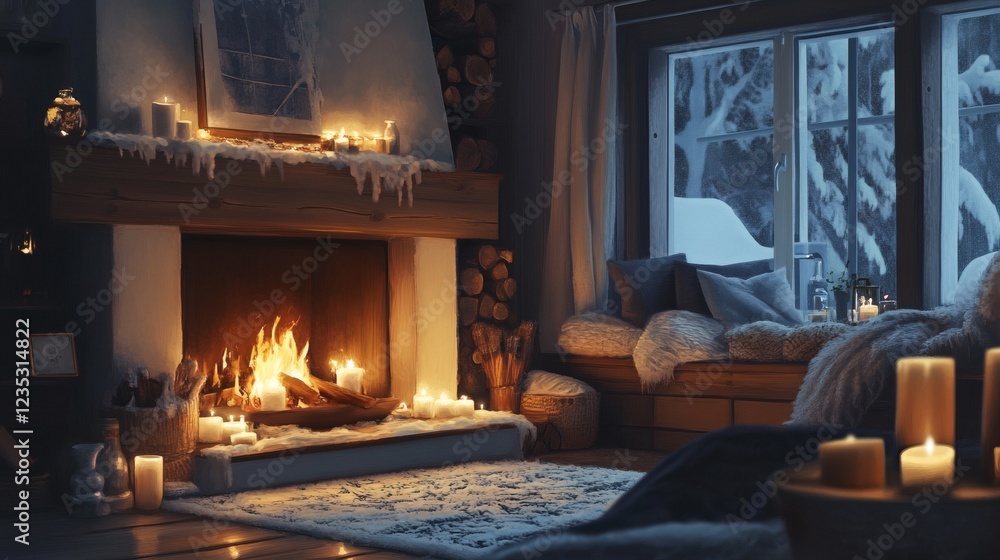 Fototapeta premium Cozy Winter Cabin Interior with Fireplace and Snow Scene