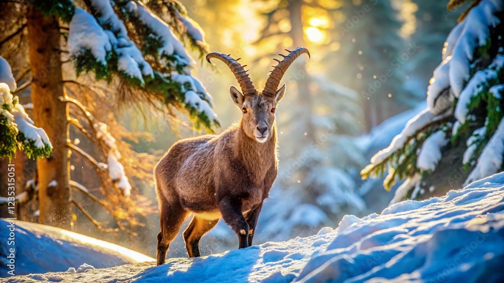 Majestic Ibex Descending Snowy Mountain Forest - Wildlife Photography Majestic Ibex Descending Snowy Mountain Forest - Wildlife Photography