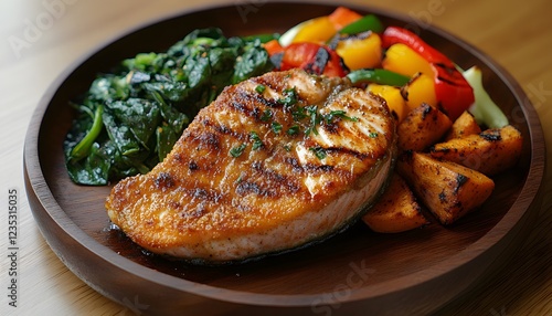 Grilled Salmon with Roasted Vegetables and Spinach