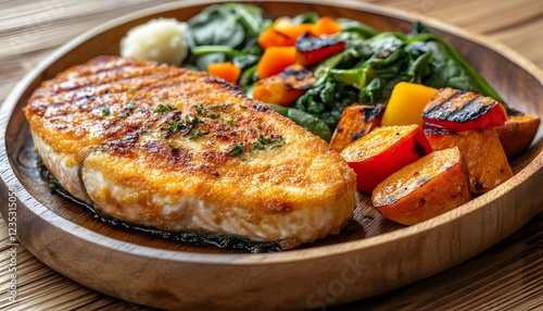 Grilled Salmon Steak with Roasted Vegetables and Spinach